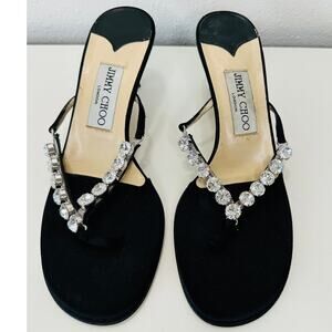 Jimmy Choo Black Bejeweled Thong Kitten Heel Sandal 37 / 7